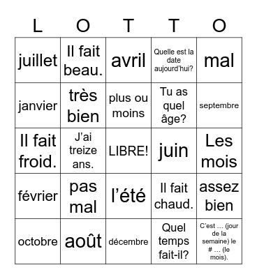 calendar, weather, conversation Bingo Card