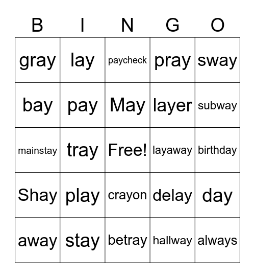 ay words Bingo Card