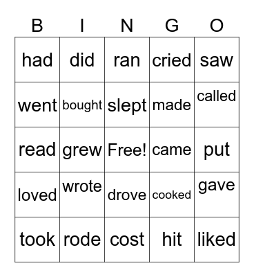 Past Tense Verbs Bingo Card