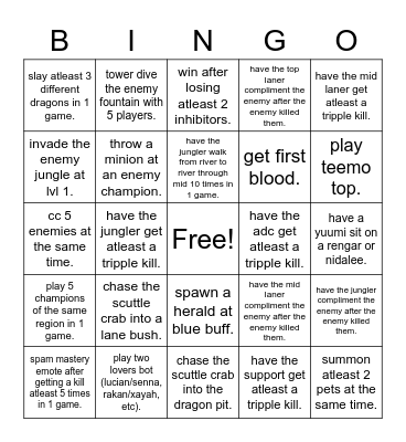 League of legends bingo Card
