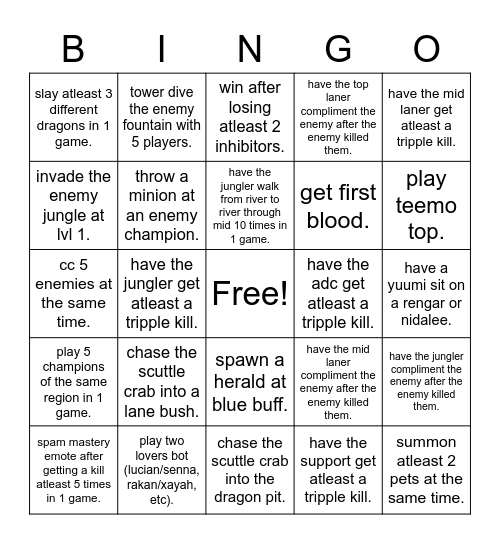 League of legends bingo Card