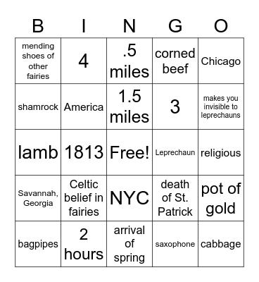 St. Patrick's Day  Bingo Card