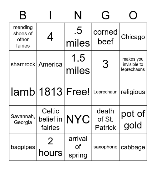 St. Patrick's Day  Bingo Card