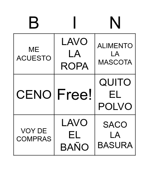 QUEHACERES Bingo Card