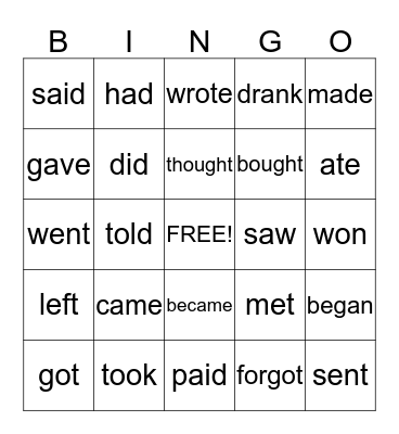 Irregular Verbs Bingo Card