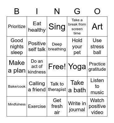 Stress Reduced Bingo Card