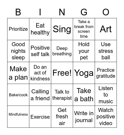 Stress Reduced Bingo Card