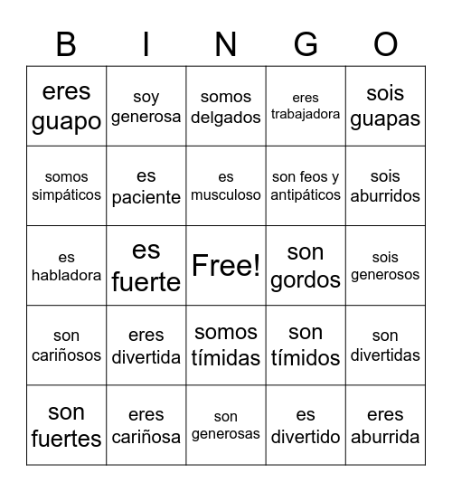 Ser + Appearance/Personality Bingo Card