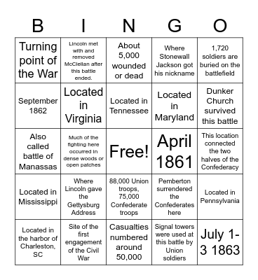 Civil War Battles Bingo Card