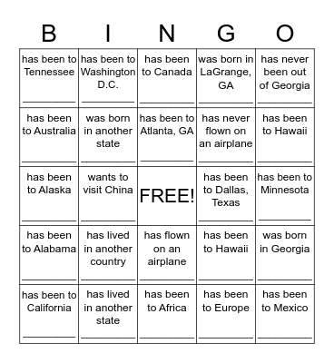 Geography Getting to Know your Classmates Bingo Card