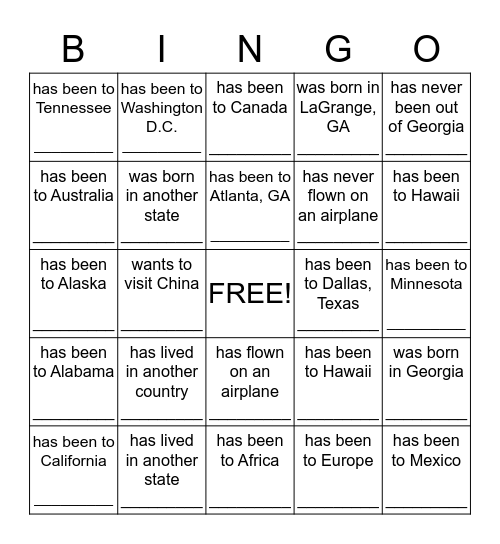 Geography Getting to Know your Classmates Bingo Card