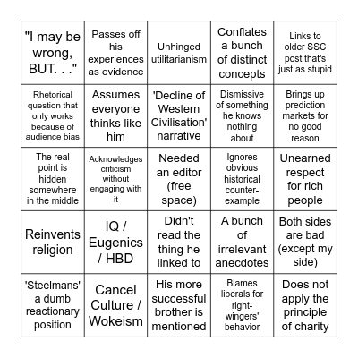 Scott Alexander Essay Bingo Card