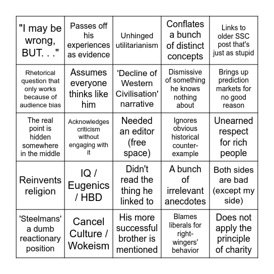 Scott Alexander Essay Bingo Card