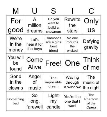 Great musical moments Broadway and Movies Bingo Card