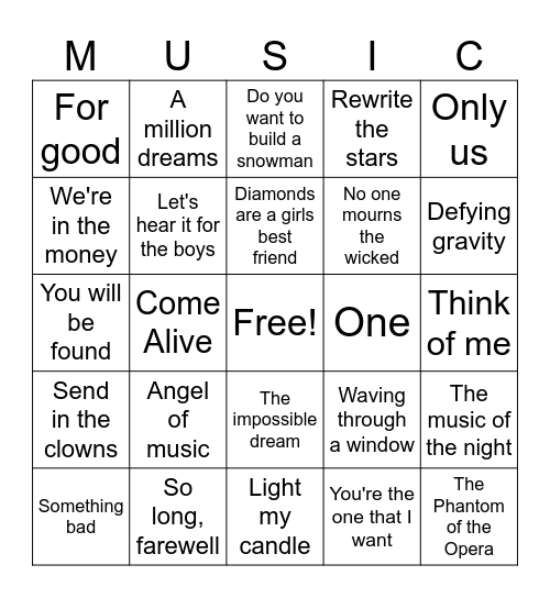 Great musical moments Broadway and Movies Bingo Card