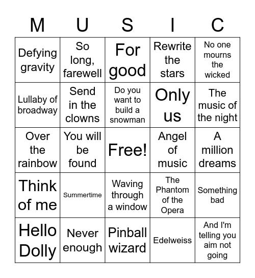 Musical Moments(Broadway and Movies) Bingo Card