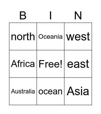 Continents Bingo Card