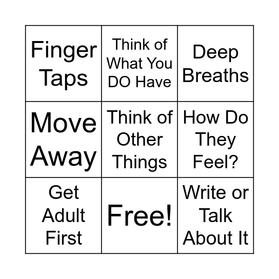 Self-Regulation: Back to Green ZONE Bingo Card