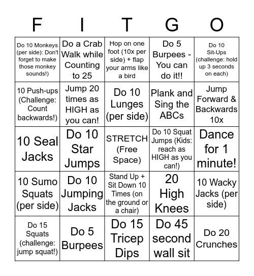 FIT4MOM FITGO - Family Fitness Game Bingo Card