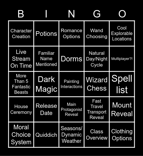 Hogwarts Legacy SoP Bingo Card