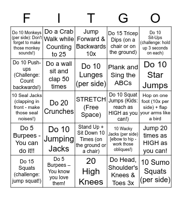 FIT4MOM FITGO - Family Fitness Game Bingo Card