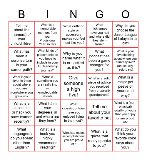 JLL Provisionals - Conversation Bingo Card