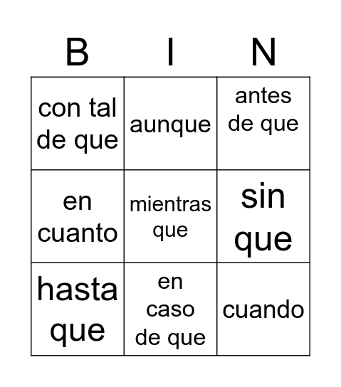 Conjunciones Bingo Card