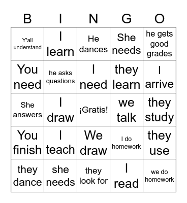 Conjugated Present Tense Verbs Bingo Card