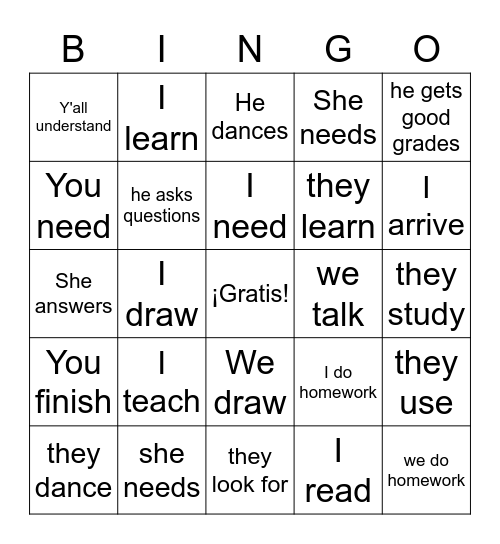 Conjugated Present Tense Verbs Bingo Card