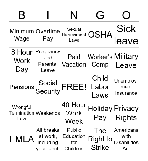 Laws Won by Unions Bingo Card