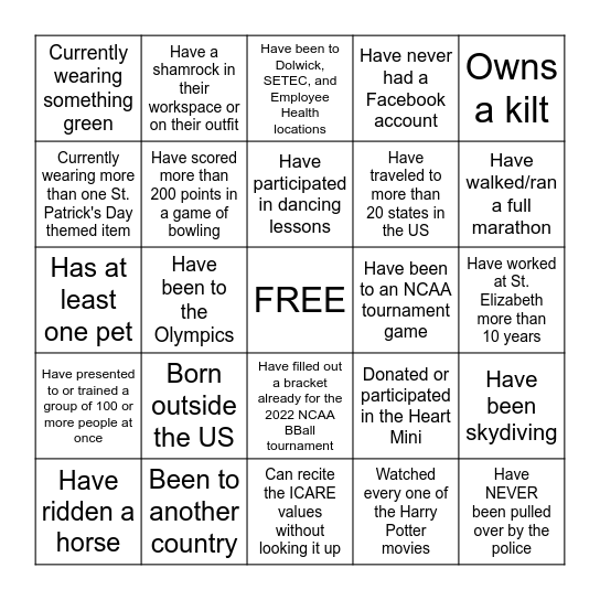 St. Patrick's Day/HR Week Bingo! Bingo Card