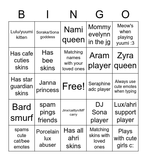 I'm cute bingo lol version Bingo Card