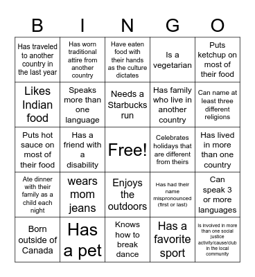 Cultural Diversity Bingo Card