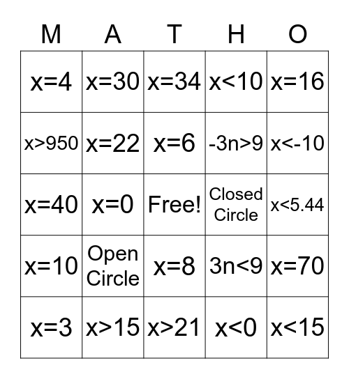 Equation and Inequality MATHO Bingo Card