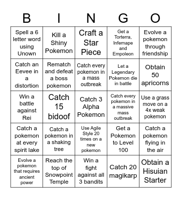 Legends Arceus Blackout Bingo Card