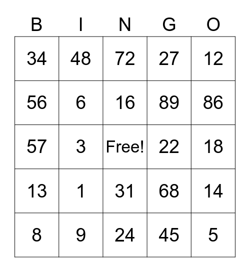 Bingo of numbers Bingo Card
