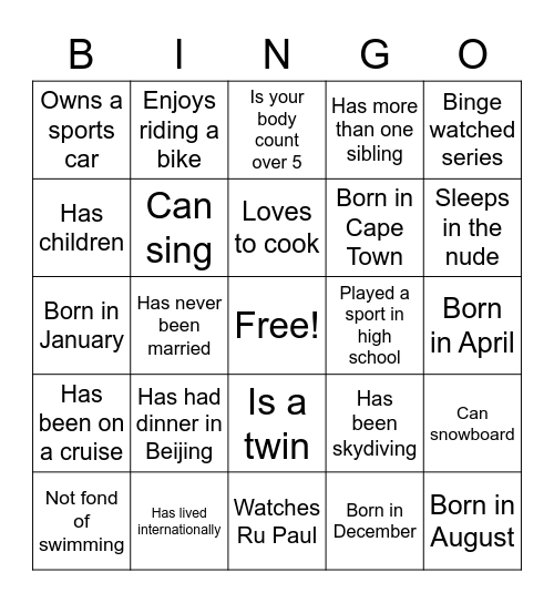 Getting to Know you Bingo Card