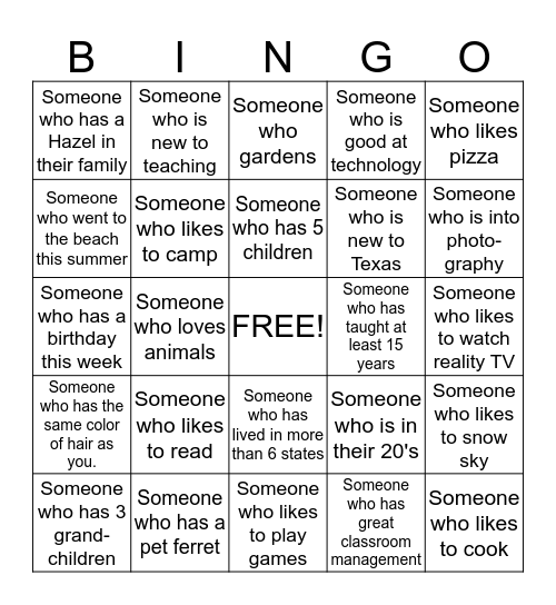 Welcome Back Bingo! Bingo Card