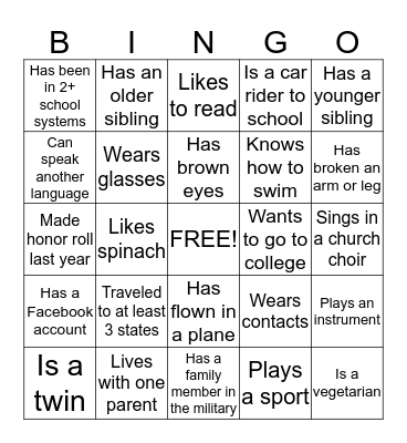 Getting To Know You Bingo Card