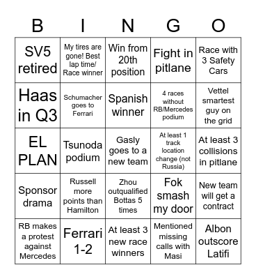 Bingo F1 2022 Bingo Card