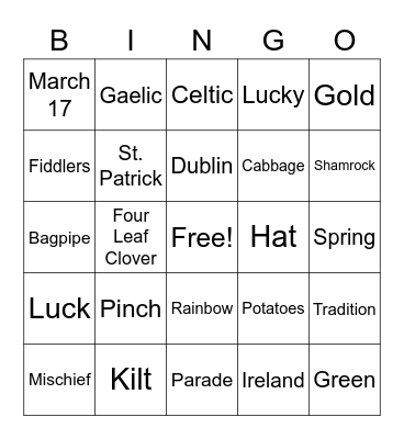 St. Patrick's Day Bingo Card