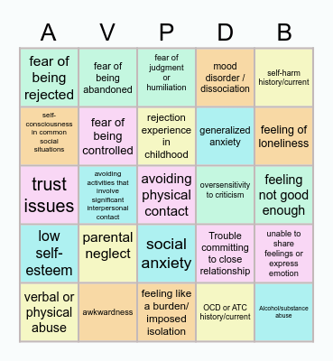 AvPD Bingo Card