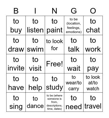 Kinsey Verbs Bingo Card