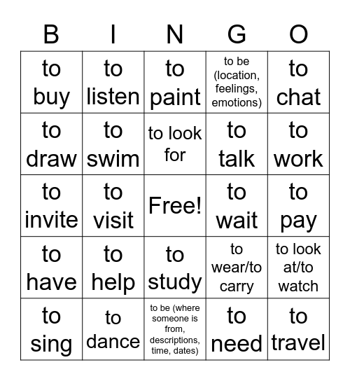 Kinsey Verbs Bingo Card
