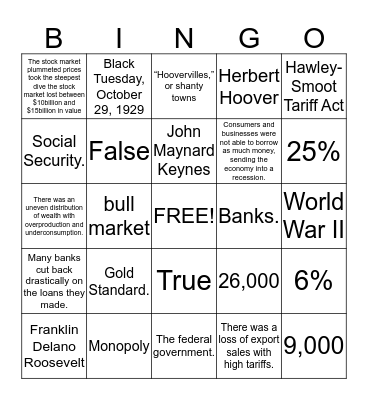 Great Depression Bingo Card