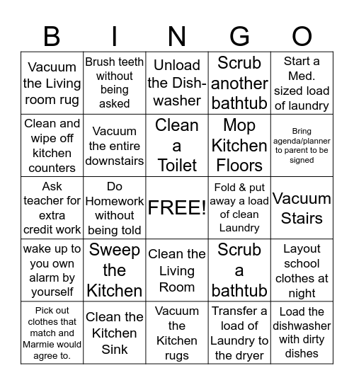 Chore Bingo Card