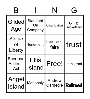 Gilded Age Bingo Card