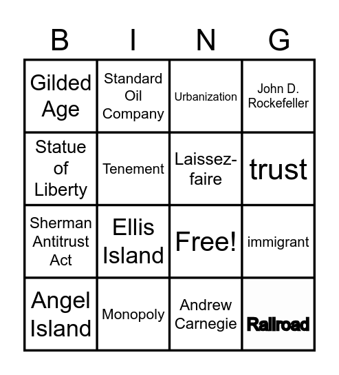 Gilded Age Bingo Card