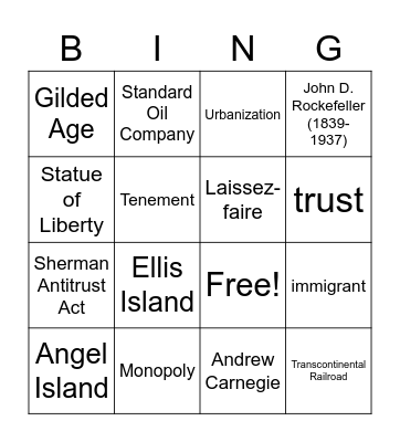 Gilded Age Bingo Card