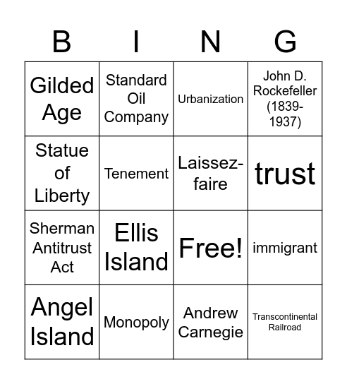 Gilded Age Bingo Card